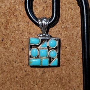 Stamped Sterling Silver Multi-Stone Blue Turquoise Stone Cluster Square Pendant